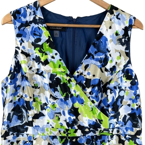 Black Label by Evan-Picone Blue & Green Floral Faux Wrap Sleeveless Dress Sz. 14 - Picture 2 of 12